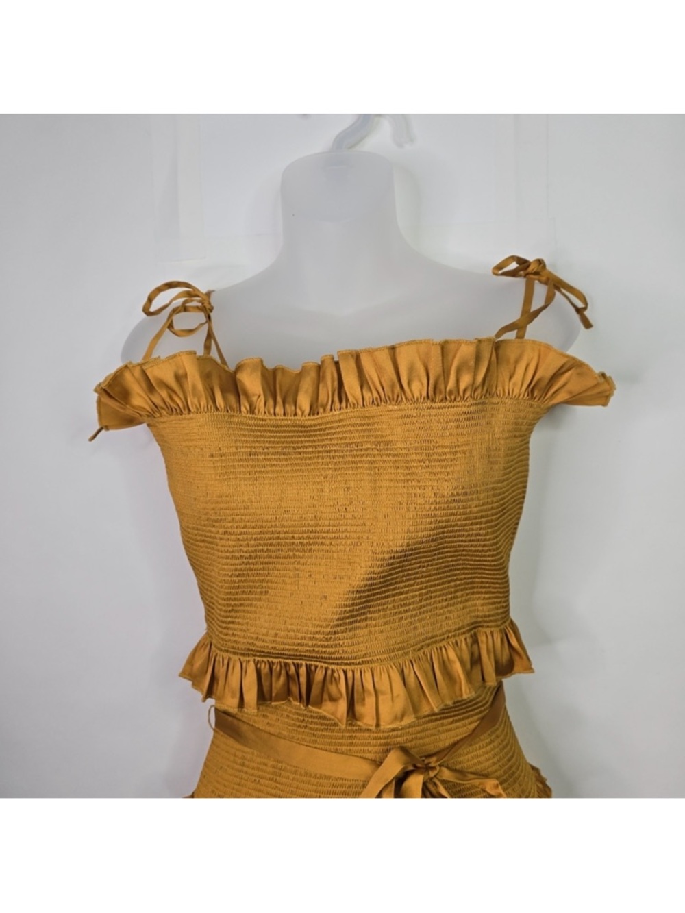V. Chapman Lily Ruched & Ruffled Stretch Satin Midi Dress Mustard - Picture 4 of 9